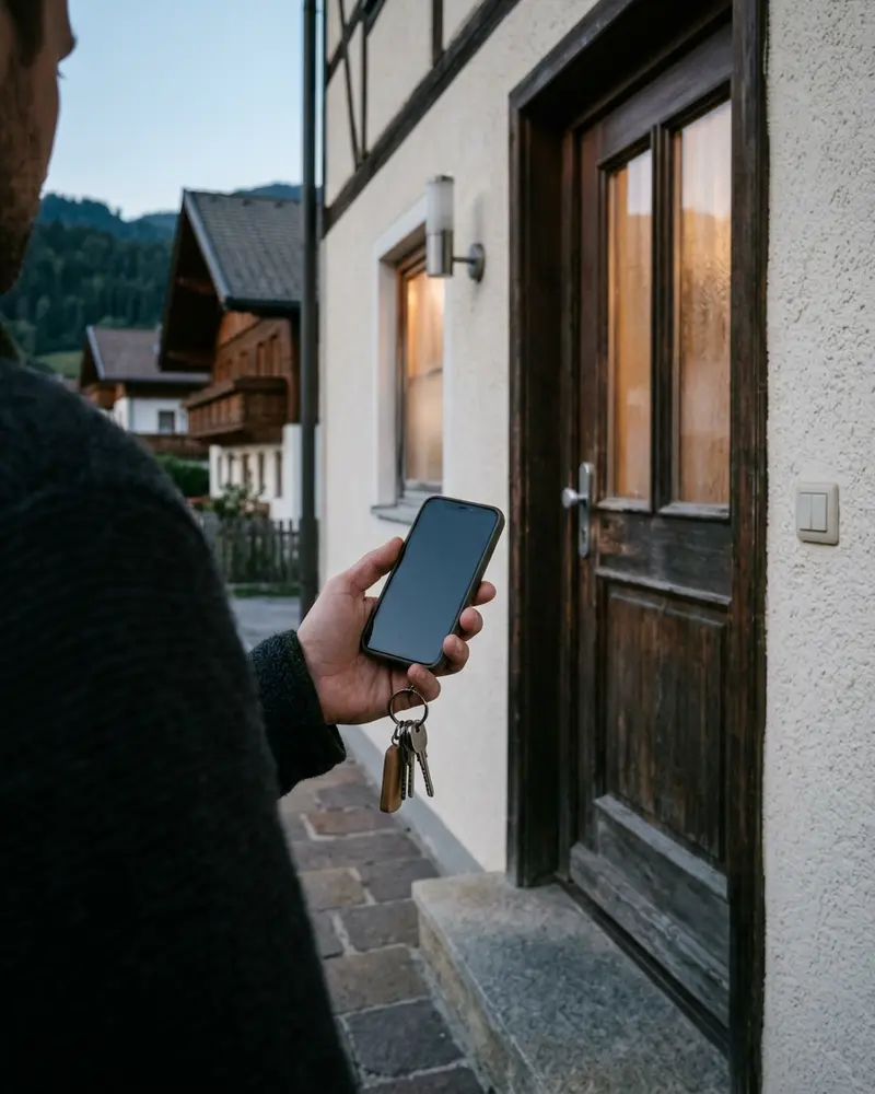 Hand mit Smartphone und Schlüsselbund vor einer geschlossenen Haustür in Tirol