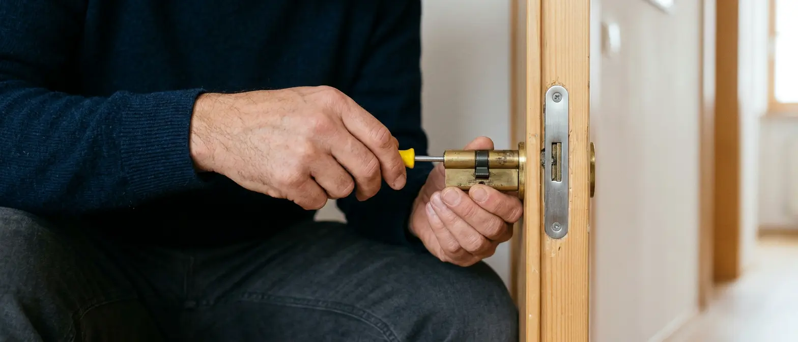 Hände setzen einen Messing-Schließzylinder in eine Holztür ein