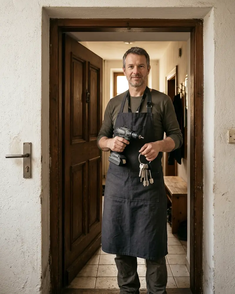 Schlosser mit Akkubohrer und Schlüsselbund im Türrahmen einer Tiroler Altbauwohnung