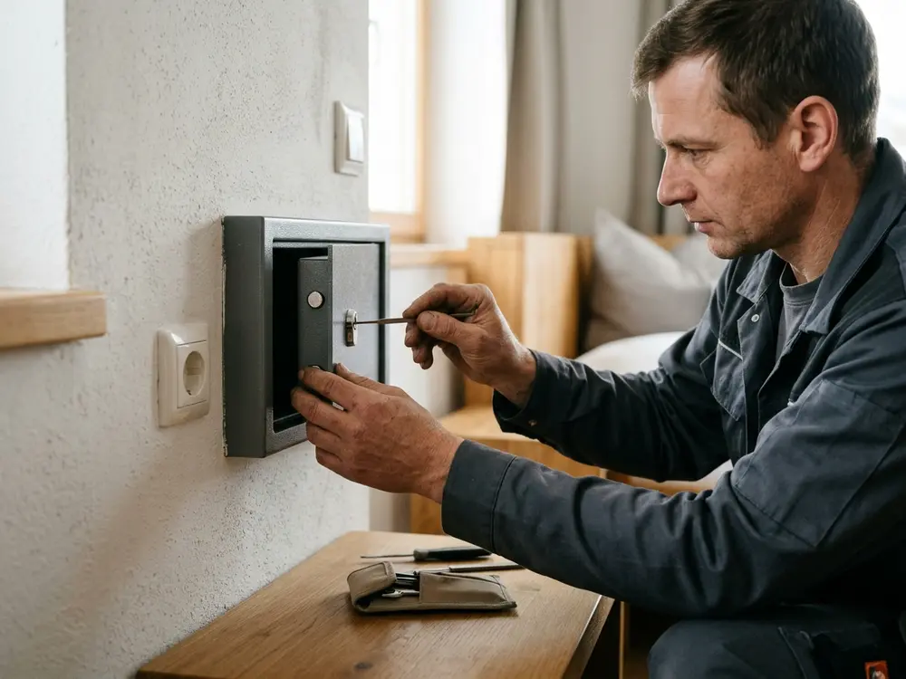 Techniker öffnet einen kleinen Wandtresor in einem Apartment mit feinem Werkzeug