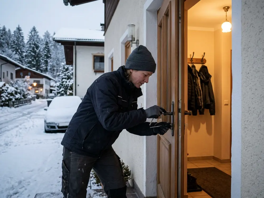 Schlüsseldienst-Techniker öffnet eine Haustür in einem verschneiten Tiroler Dorf in der Dämmerung
