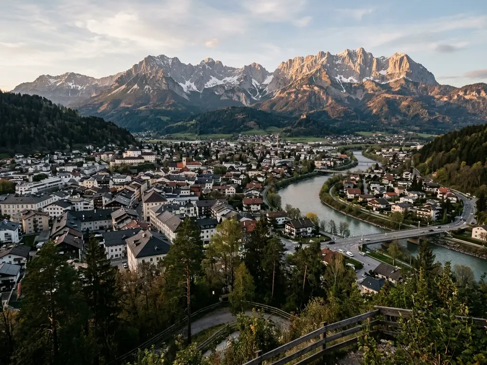Blick über das Inntal auf die Dächer von Kufstein mit dem Wilden Kaiser im Abendlicht