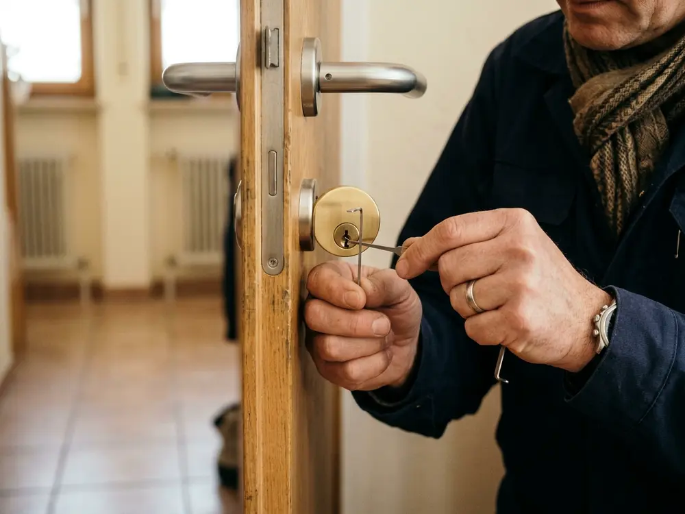 Hände mit Dietrich und Spannwerkzeug am Messingzylinder einer Tür
