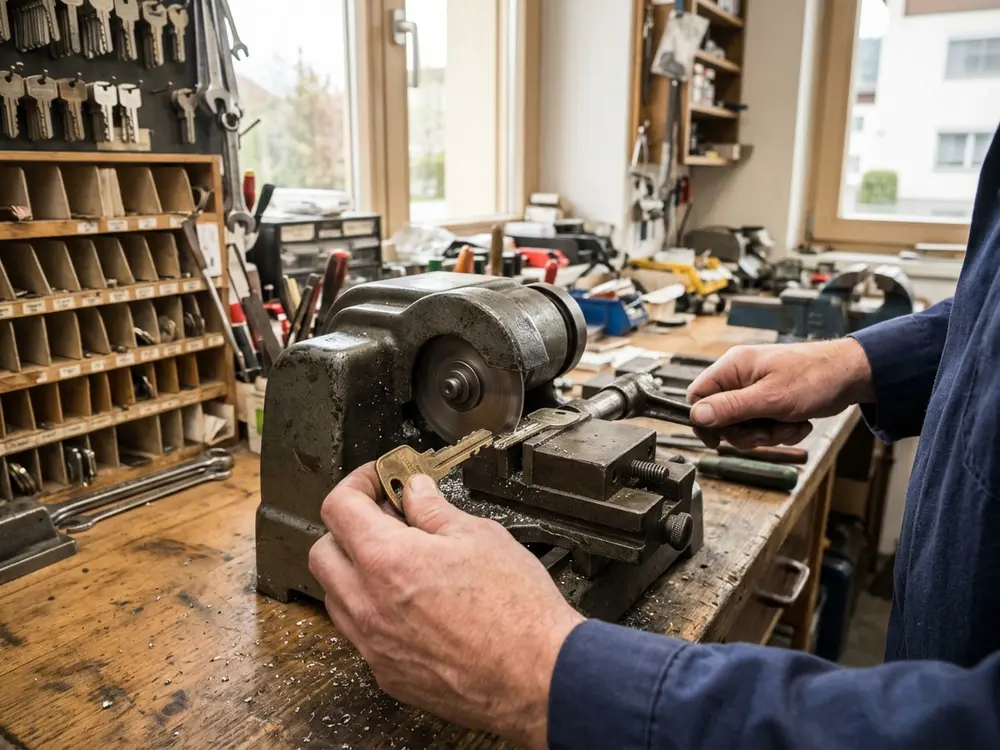 Schlüsselfräsmaschine kopiert einen Flachschlüssel in der Werkstatt