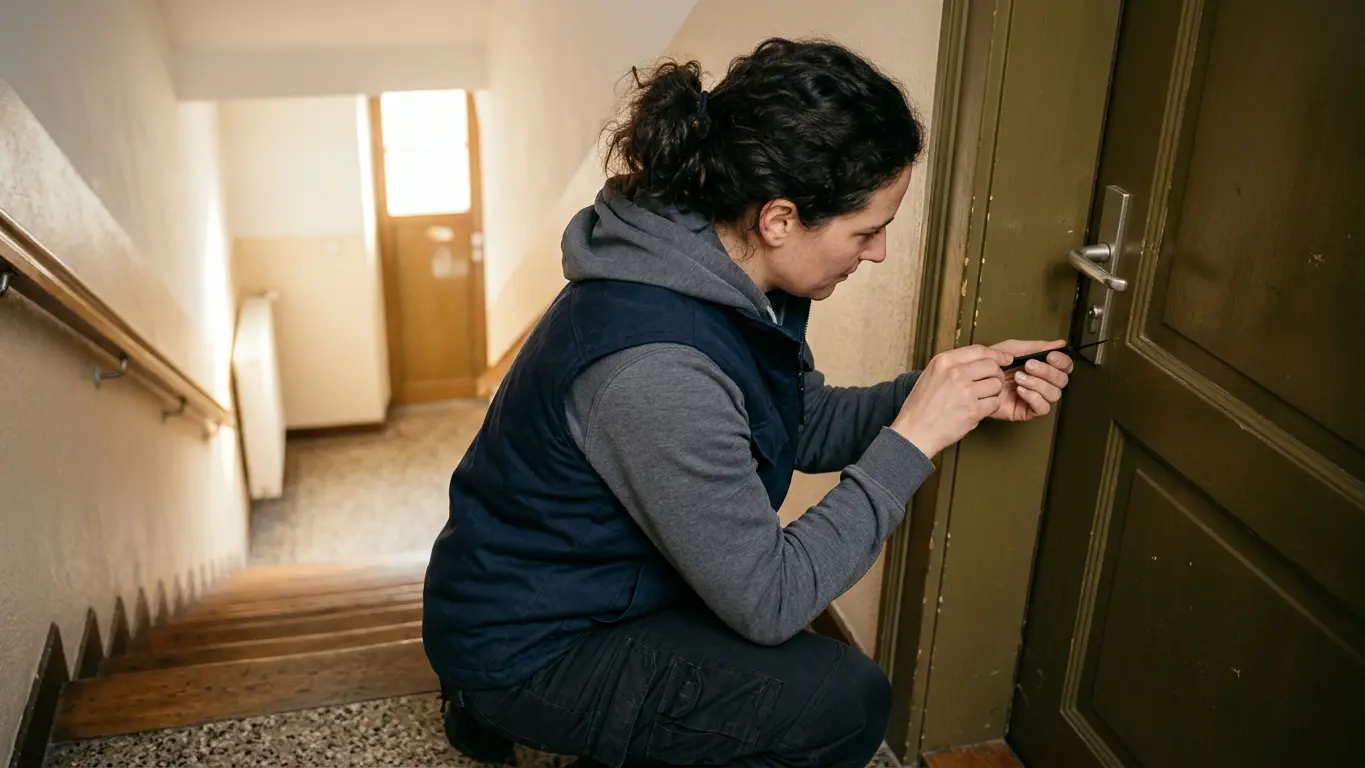 Schlosser öffnet eine geschlossene Wohnungstür in einem Tiroler Stiegenhaus mit einem schwarzen Öffnungswerkzeug