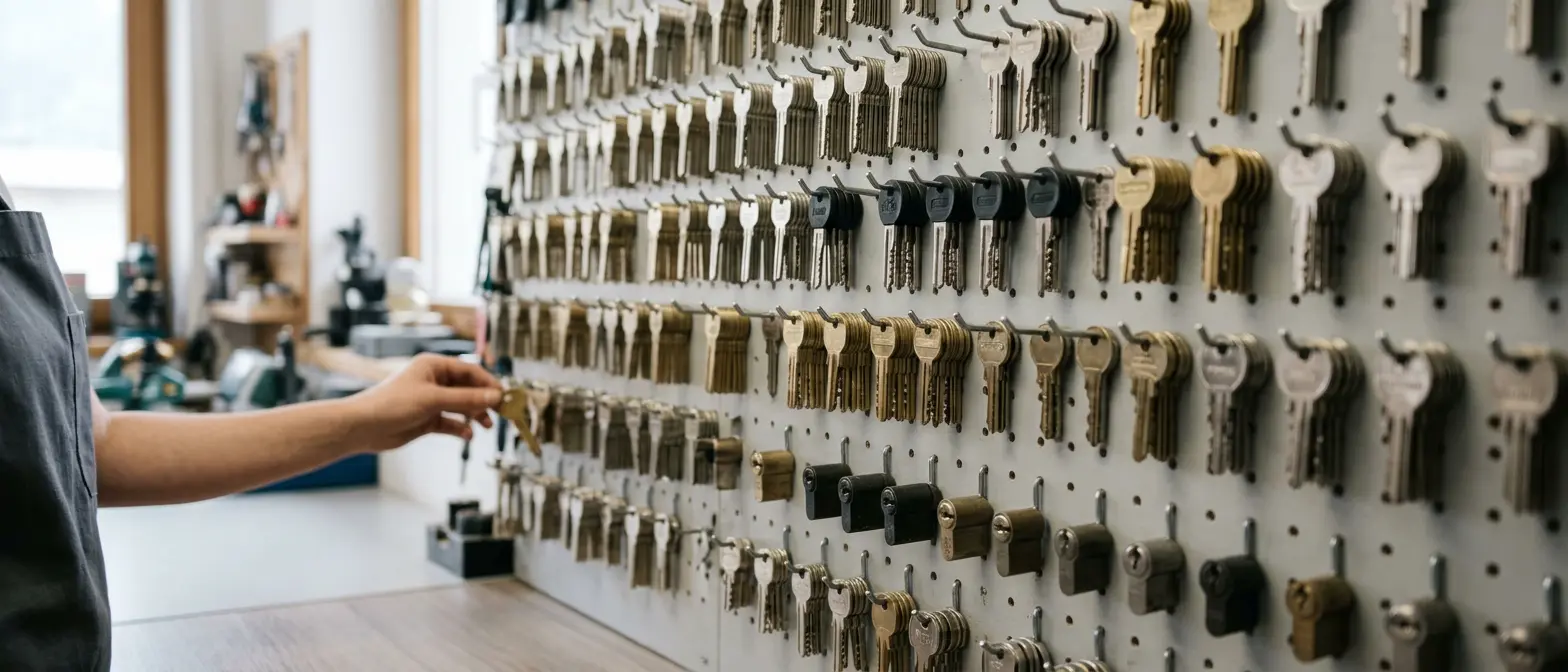 Schlüsselrohlinge und Zylinder an einer Lochwand in einer hellen Schlosserwerkstatt