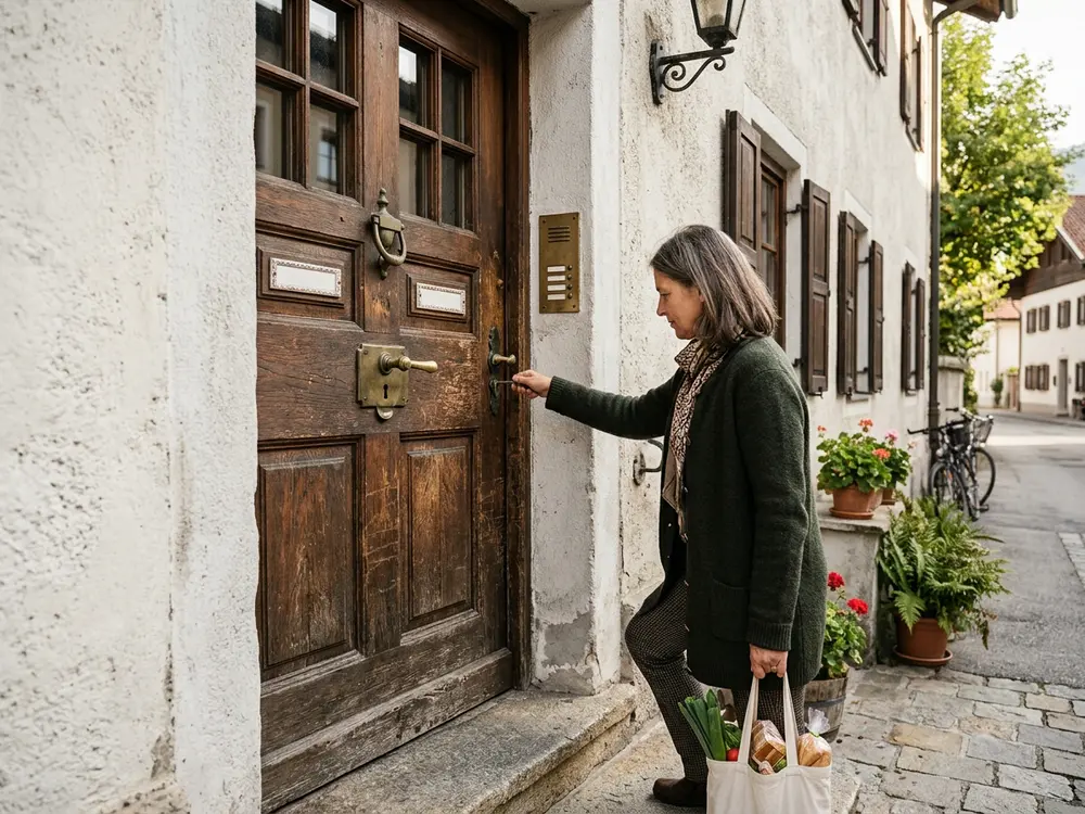 Eingang eines Altbaus mit schwerer Holztür und Messingschloss
