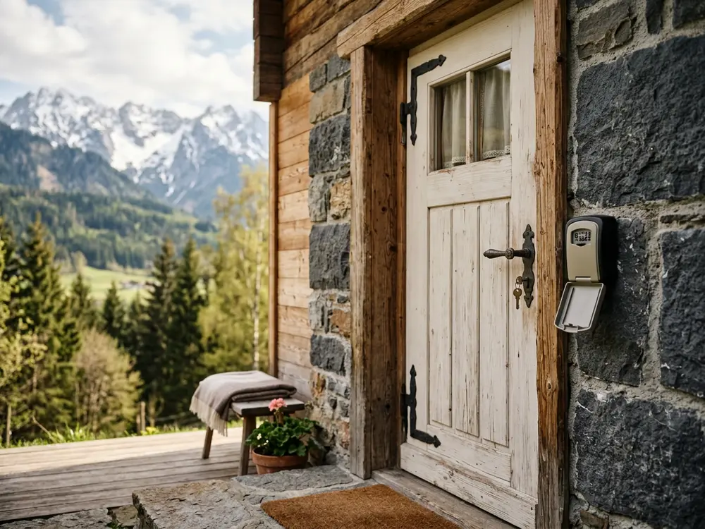 Tür einer Ferienwohnung im Chalet-Stil mit Schlüsselkasten daneben