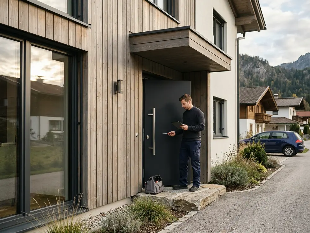 Eingang eines alpinen Einfamilienhauses mit Holzverkleidung und dunkler Haustür, Techniker an der Tür