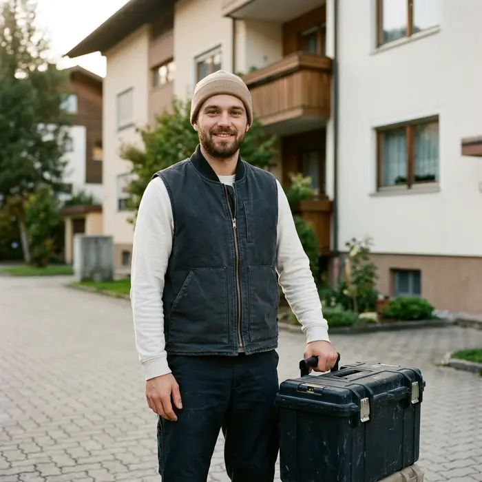 Jakob, Techniker für Sonderfälle, in Kappe und Arbeitsweste neben seinem Werkzeugkoffer