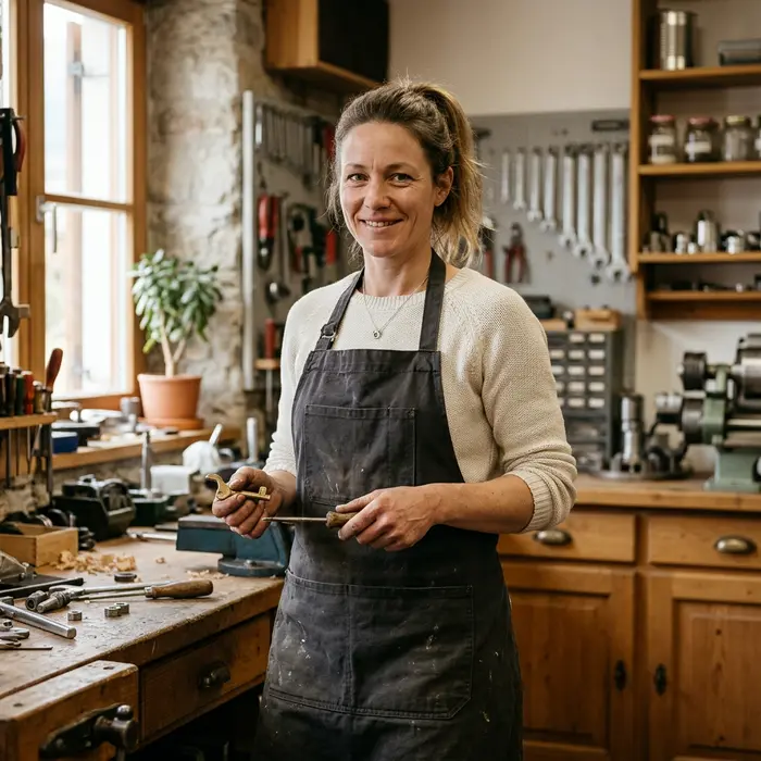 Lena, Technikerin für Nachschlüssel, hält einen Schlüssel und ein kleines Werkzeug in der Werkstatt
