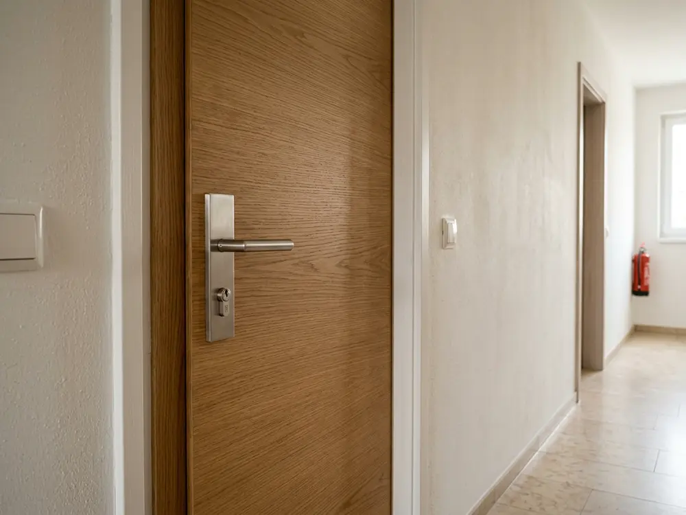 Holztür mit neuem gebürstetem Edelstahlzylinder und Drücker in einem hellen Hausgang